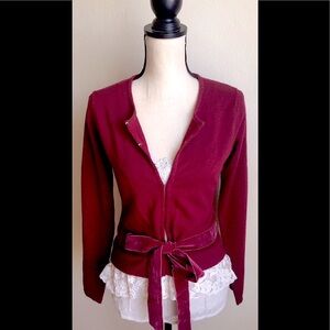 Maroon Red Cardigan Sweater: Velvet Waist Tie, Cream Lace Fringe Accent, Sz. S